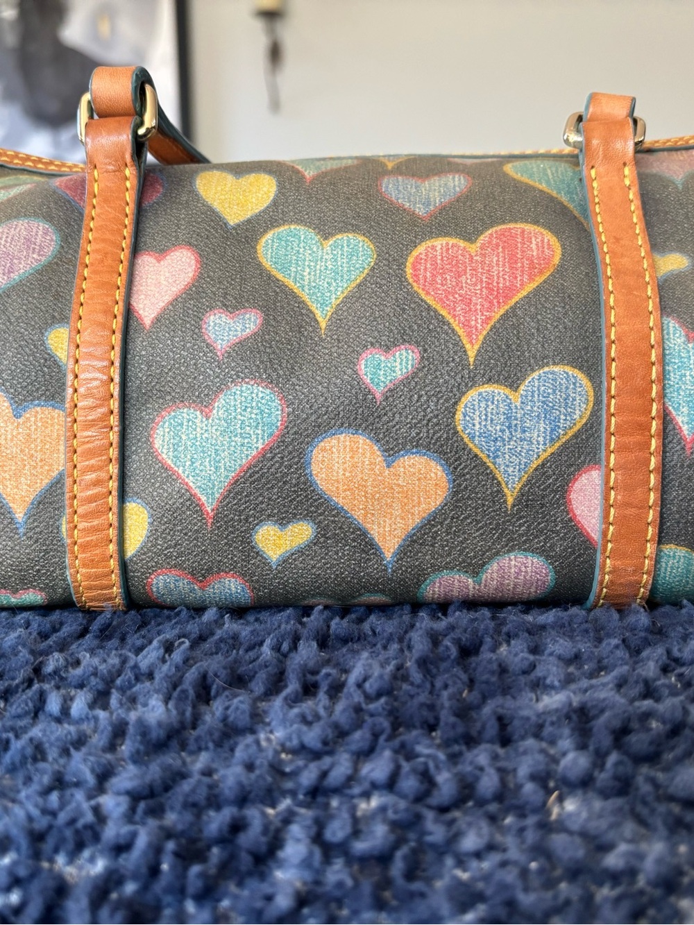 Dooney & Bourke Multicolor Heart Print Barrel Bag with Tan Trim - Picture 2 of 8